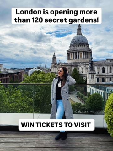 A promotional image featuring a creator on a rooftop terrace with a prominent view of St. Paul's Cathedral, used to advertise a ticket giveaway for London Open Gardens.