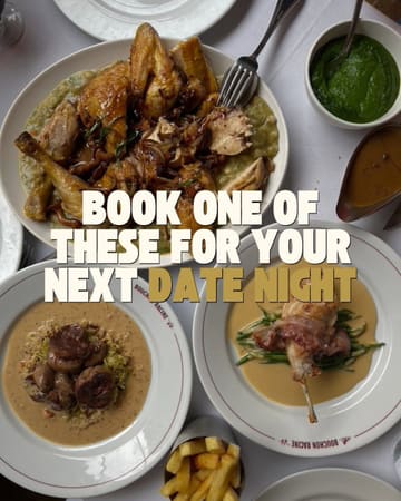 A high-quality, overhead flat-lay photograph showcasing a selection of French bistro dishes, including roast chicken and fries, presented on a clean white tablecloth. The image is bright, sharp, and professionally styled, effectively communicating a sophisticated dining experience suitable for a date night.