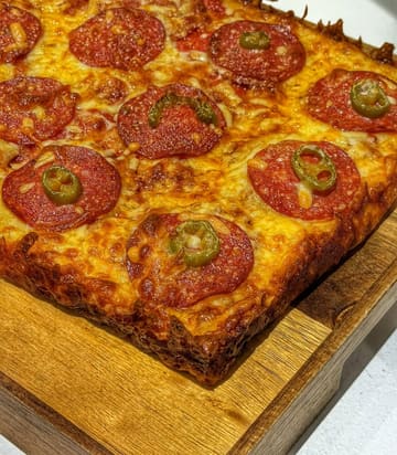 A close-up, high-angle shot of a homemade Detroit-style pizza served on a wooden board. The pizza features a thick, crispy crust with pepperoni and jalapeño toppings. The lighting is bright and direct, emphasizing the texture of the cheese and the oily sheen of the pepperoni, though the composition feels somewhat tight and cropped.