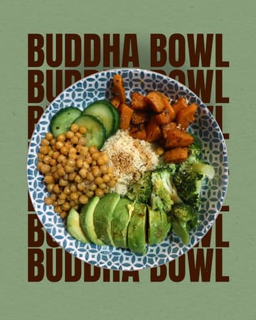 A top-down, flat-lay photograph of a homemade Buddha bowl featuring chickpeas, sliced cucumber, roasted sweet potato cubes, couscous, broccoli florets, and sliced avocado. The image is set against a solid green background with a repeated 'BUDDHA BOWL' text overlay.