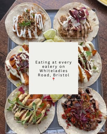 A high-quality, overhead flat-lay photograph of a platter containing six different tacos, arranged in a grid on a wooden table. The image is bright, clear, and well-composed, effectively showcasing the variety of toppings and textures of the food.