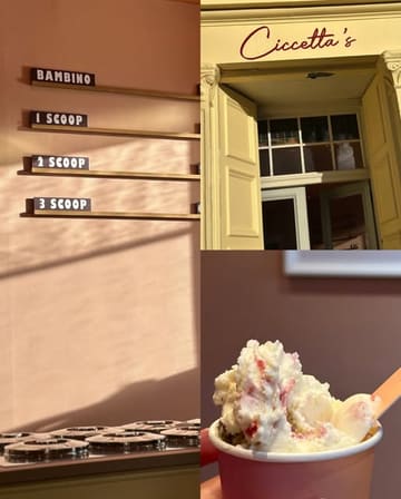 A clean, aesthetic collage showcasing an ice cream shop called Ciccetta's. The images highlight the shop's exterior, the pricing menu on the wall, and a close-up of a scoop of ice cream.