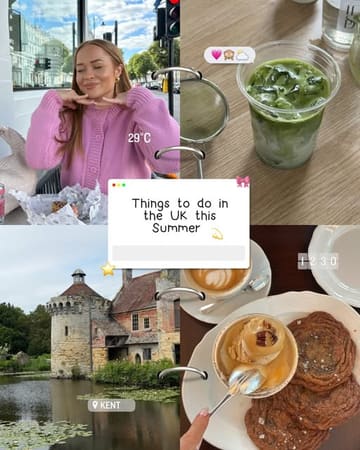 A collage-style post showcasing summer activities in the UK, featuring a cafe visit with an iced matcha latte and a dessert, alongside a scenic visit to a historic castle.