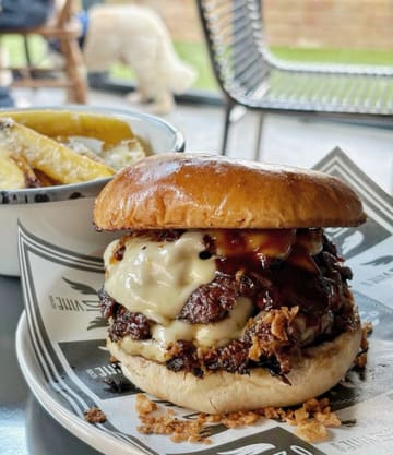 A close-up, appetizing shot of a loaded burger with brisket and cheese, served with a side of fries. The image captures the texture of the food well, though the composition is slightly cramped and the background includes a distracting element.