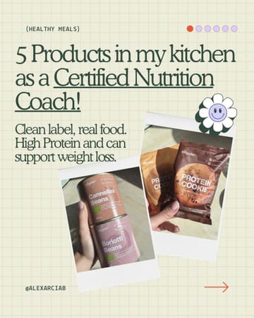 A graphic-heavy social media post featuring a collage of product packaging (beans and protein cookies) with text overlays promoting a nutritionist's kitchen staples.
