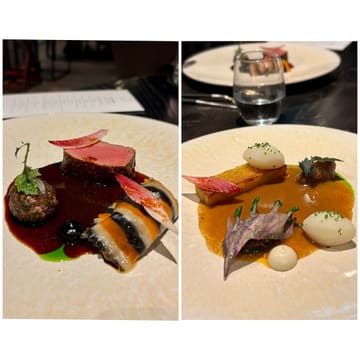 A high-quality, two-panel image showcasing two distinct, artistically plated dishes from a fine dining tasting menu. The left dish features a perfectly cooked piece of meat with a rich dark sauce and a striped vegetable component, while the right dish features a delicate piece of fish or vegetable with a vibrant orange sauce and various precise garnishes. The presentation is sophisticated and precise, typical of high-end culinary establishments.