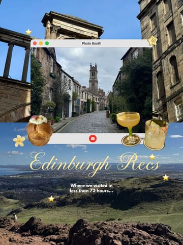 A graphic-style collage promoting a list of Edinburgh hospitality venues, featuring a landscape view of Arthur's Seat, a street scene, and cutouts of a pastry and cocktails.