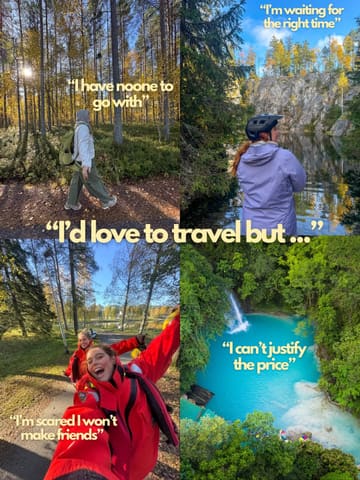 A four-panel collage featuring the creator in various outdoor settings, overlaid with text addressing common psychological barriers to solo travel. The image serves as a promotional hook for a group trip to the Philippines, using relatable pain points to engage the audience.