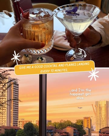A two-part collage image featuring a close-up of two cocktails being toasted in the top frame, and a scenic sunset view of a skyline with a plane in the bottom frame, effectively capturing the venue's atmosphere and view.