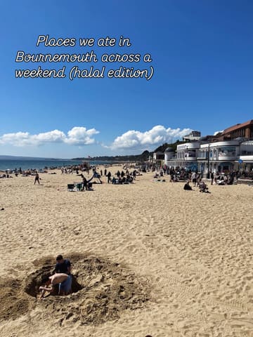 A wide-angle, sunny shot of a crowded Bournemouth beach used as a cover image for a social media post about a halal food review weekend. The image features no food, drink, or venue interior/exterior, relying entirely on the text overlay to convey the content.