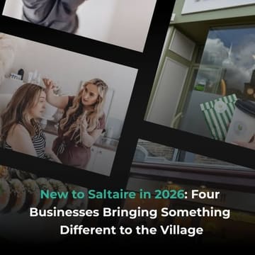 A collage-style promotional image highlighting four new independent businesses in Saltaire, including a Korean restaurant, a family-friendly cafe, an art studio, and an aesthetics clinic.