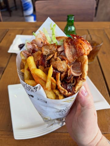 A close-up, handheld shot of a Greek gyro wrap, showcasing the meat and fries. The image is taken in a casual dining setting, likely near a window, providing natural lighting that highlights the texture of the food.