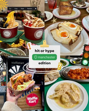 A collage-style listicle graphic showcasing various food items from different hospitality venues in Manchester, including frozen yogurt, brunch items, a fried chicken sandwich, and pasta dishes.