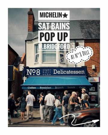 A documentary-style exterior shot of No. 8 Delicatessen in West Bridgford, capturing the queue and atmosphere of a pop-up event featuring Michelin-starred chef Sat Bains.