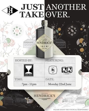 A promotional graphic for a Hendrick's Gin takeover event featuring Equal Parts and Kiki Lounge, detailing the date and time of the event.