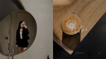 A split-screen aesthetic image featuring a mirror selfie on the left and a top-down shot of a latte on the right, presented as part of a monthly recap or vlog.