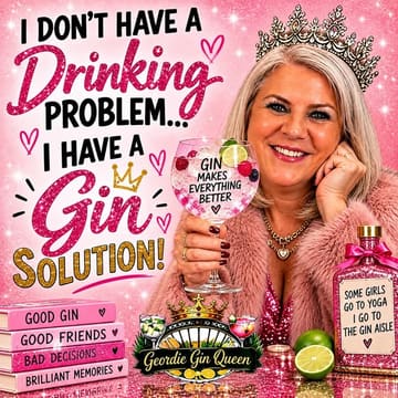 A highly stylized, graphic-heavy social media image featuring a woman wearing a crown and holding a gin glass, surrounded by pink, sparkly, and text-heavy overlays promoting a 'gin queen' lifestyle.
