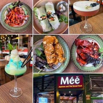 A collage of food and drink images from Mée, a Japanese and Thai street food restaurant. The images showcase various small plates including summer rolls, satay skewers, ribs, and cocktails, presented in a casual, accessible style.
