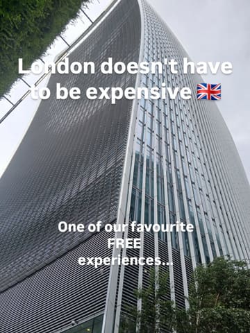 A low-angle, vertical shot of the 'Walkie Talkie' building in London, featuring text overlay promoting the venue as a free experience.