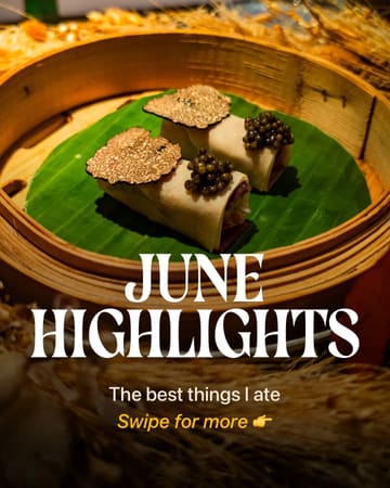A high-quality, professional close-up shot of a refined dish featuring rolls topped with truffle slices and caviar, served in a bamboo steamer on a banana leaf. The image serves as a visually striking cover for a 'June Highlights' listicle, effectively showcasing high-end culinary presentation.