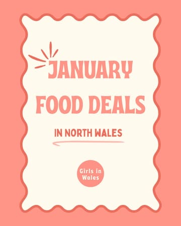 A simple, text-based graphic announcing January food deals in North Wales, featuring a peach-colored background with a wavy border and minimal typography.