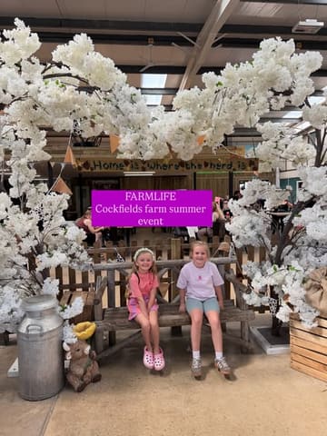 A promotional image for a summer farm festival, featuring two children sitting on a wooden bench under a decorative cherry blossom arch inside a barn setting.