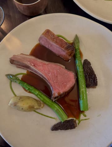 A close-up, high-quality shot of a plated lamb dish featuring asparagus and morels, presented with a refined sauce drizzle, indicative of a fine dining spring menu.