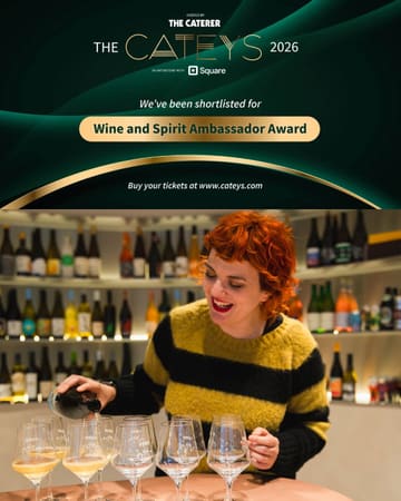 A professional promotional image featuring a person pouring wine in a wine-focused venue, celebrating a nomination for a prestigious industry award.