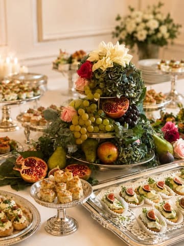 A beautifully styled, high-end spread of canapés, pastries, and fresh fruit, arranged in an elegant, tiered display suitable for a sophisticated event or afternoon tea service.