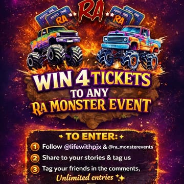 A promotional graphic for a monster truck event giveaway, featuring vibrant illustrations of monster trucks against a fiery background, with clear instructions for entry.