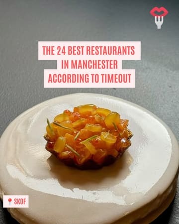 A high-quality, close-up shot of a single, intricately plated tartlet served on a minimalist white plate. The image is clean, well-lit, and professional, effectively highlighting the fine-dining nature of the dish. The text overlay identifies the venue as Skof and references a 'best of' listicle from TimeOut, positioning the restaurant as a top-tier destination in Manchester.