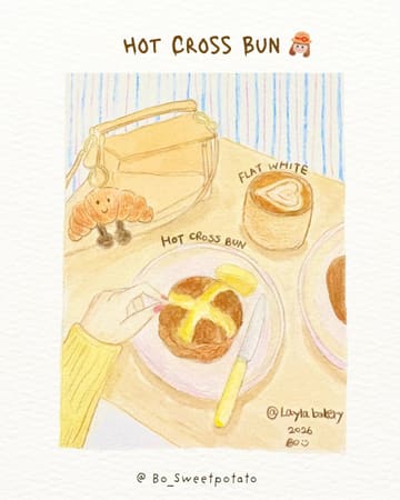 A charming, hand-drawn illustration depicting a cozy cafe scene featuring a hot cross bun and a flat white coffee, styled with a warm, inviting aesthetic.