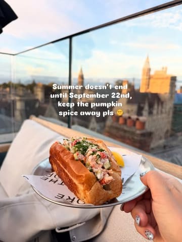 A high-quality, handheld shot of a lobster roll served on a rooftop terrace during golden hour. The image effectively captures the summer vibe, using the scenic city view as a backdrop to highlight the premium nature of the food.