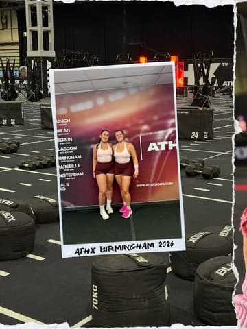 A photo of two women posing in a gym setting, framed as a Polaroid, documenting their participation in a fitness competition.