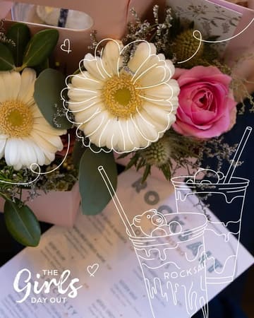 A lifestyle-focused promotional image for a cafe event, featuring a floral arrangement and a menu, heavily stylized with digital line-art drawings of drinks.