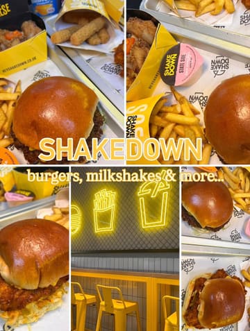 A collage-style promotional image for Shakedown, showcasing various menu items including burgers, wings, and mozzarella dippers, alongside a glimpse of the venue's interior seating and neon signage.