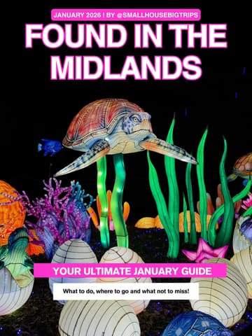 A promotional social media graphic for a 'Found in the Midlands' guide, featuring a vibrant, illuminated lantern display of a sea turtle and coral reef. The design uses clear, high-contrast text overlays to communicate the purpose of the post effectively.