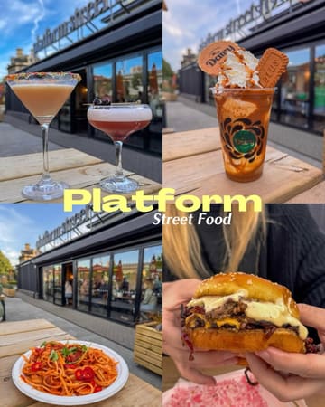 A collage-style promotional image for Platform Street Food in Cardiff, showcasing a variety of offerings including cocktails, a dessert sundae, pasta, and a burger.