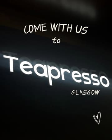 A clean, high-contrast introductory shot featuring the illuminated neon signage of Teapresso in Glasgow, used to set the scene for a venue visit.
