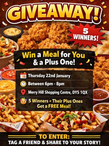 A promotional giveaway graphic for a restaurant, featuring images of fried chicken and fries, with text overlay detailing the competition rules and event information.
