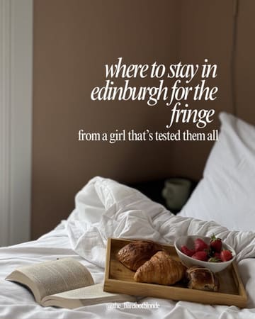 A high-quality, inviting lifestyle image featuring a breakfast tray on a bed, used as a cover for a travel listicle recommending hotels in Edinburgh for the Fringe festival.