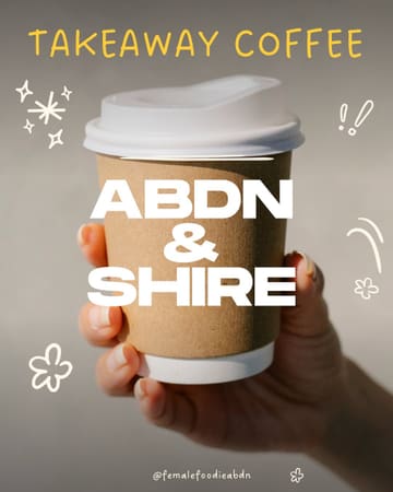 A clean, minimalist graphic featuring a hand holding a plain takeaway coffee cup, used as a cover image for a listicle highlighting local coffee spots in Aberdeen and the Shire.