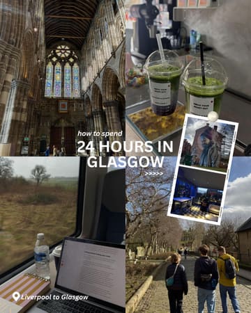A travel-focused collage promoting a 24-hour trip to Glasgow, showcasing a mix of cultural landmarks, coffee shops, and social venues.