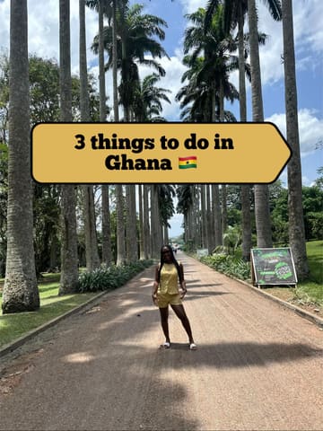A travel-focused image featuring a creator standing on a path lined with palm trees in Ghana, with a text overlay indicating a listicle format ('3 things to do in Ghana').