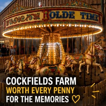 A promotional image featuring a brightly lit carousel at night, used to advertise Cockfields Farm. The image focuses on the nostalgic and magical atmosphere of the ride, with text overlay highlighting the venue's appeal for family memories.