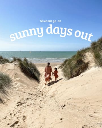 A bright, inviting lifestyle shot featuring a woman and child walking through sand dunes towards the sea, used as a cover image for a listicle about sunny day-out locations.