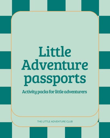A clean, minimalist graphic design promoting 'Little Adventure Passports,' which are activity packs for children. The design uses a teal and light green checkerboard pattern with centered, legible typography, clearly communicating the brand and the nature of the product.