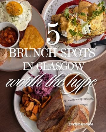 A bright, overhead flat-lay photograph featuring three different brunch plates, used as a cover image for a listicle about brunch spots in Glasgow.