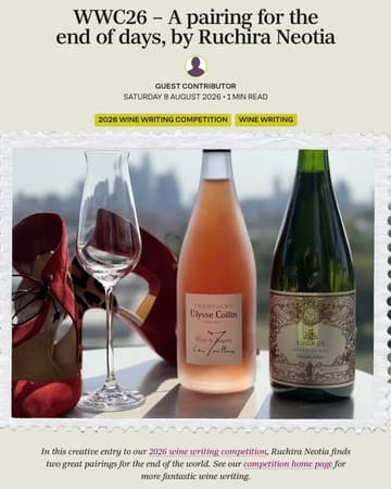 A promotional image for a wine writing competition entry, featuring two bottles of sparkling wine and a wine glass, set against a blurred city skyline with a pair of red high heels as a stylistic prop.