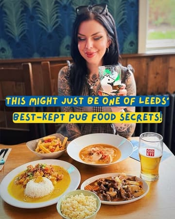 A promotional social media image featuring a creator at a pub, showcasing a spread of Thai dishes alongside a pint of beer. The image uses a bright, clear aesthetic typical of social media food reviews, with text overlay highlighting the venue's status as a 'best-kept secret'.